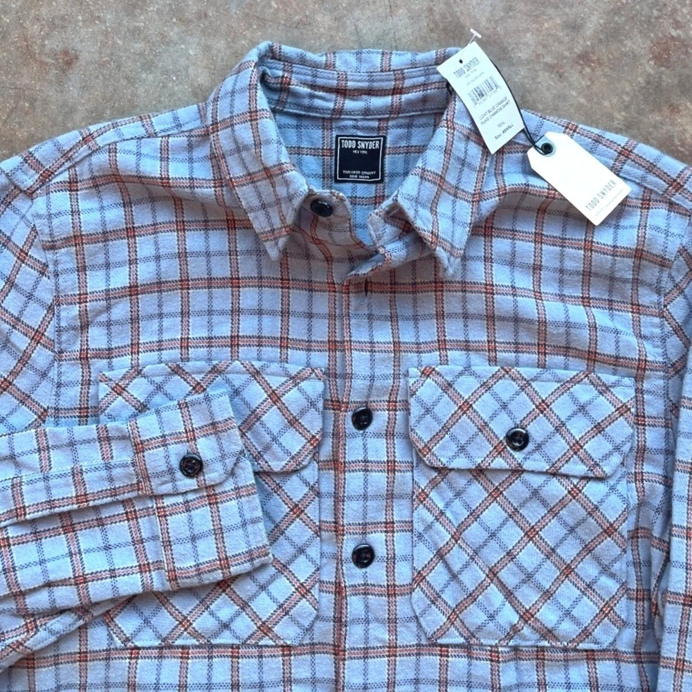 Todd Snyder Mens XS Plaid Chamois Shirt Light Blue Orange Flannel SH1162359 NEW